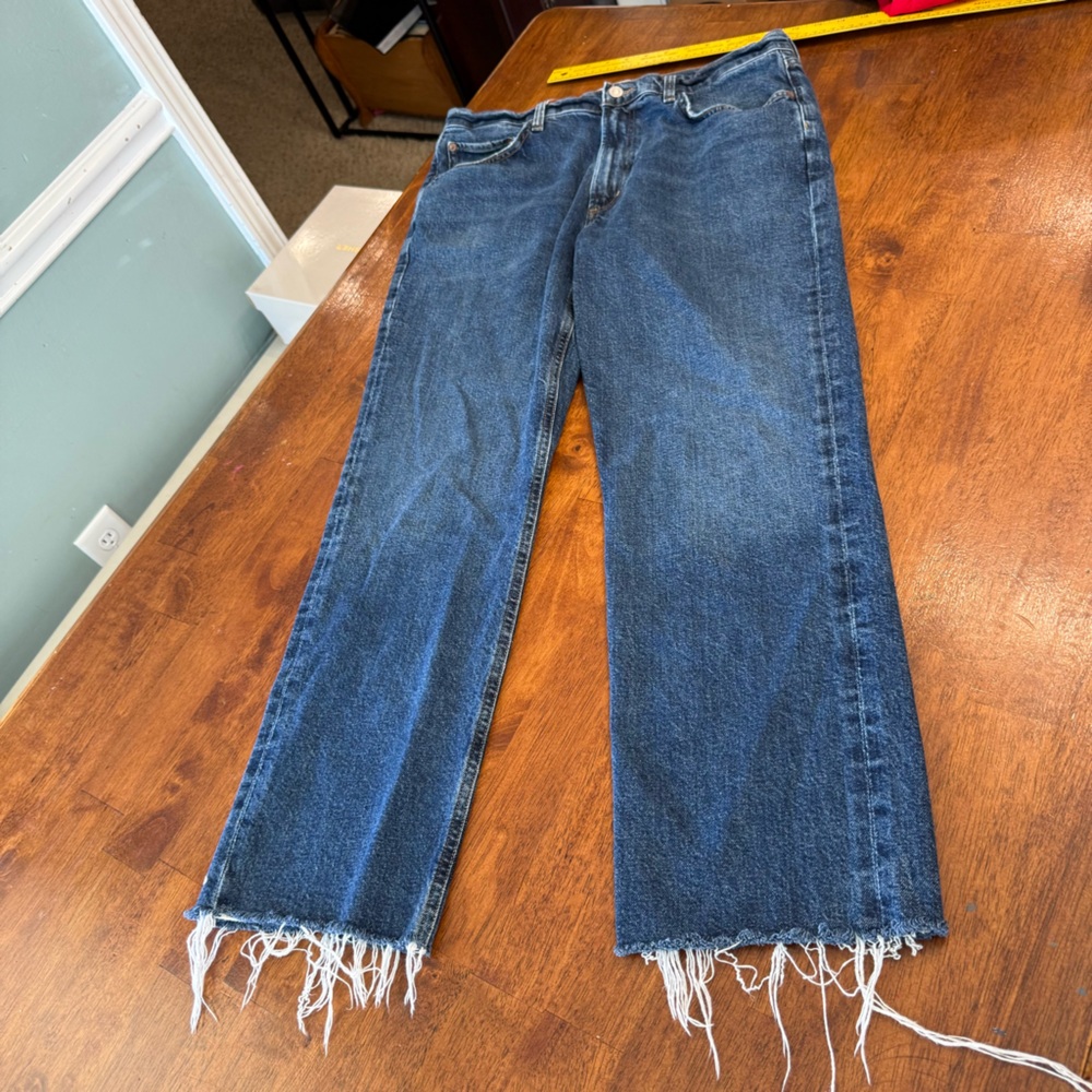 Agolde Valen Women's Dark Blue Straight Jeans Frayed Hem stretch size 30 ankle